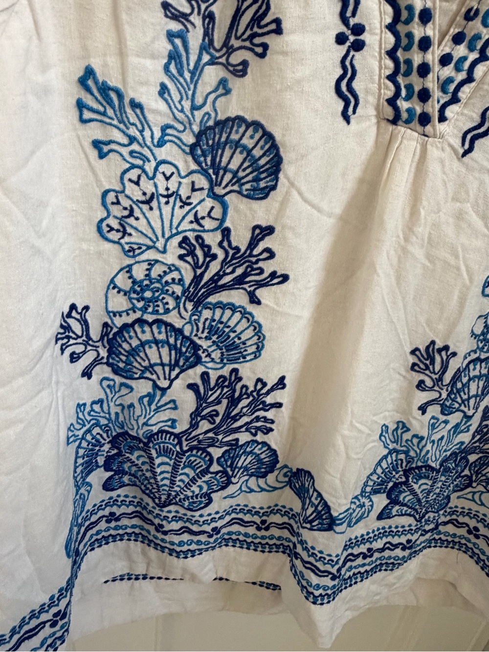 Anthropologie Maeve linen embroidered tunic dress medium white blue beach shells - Picture 13 of 17